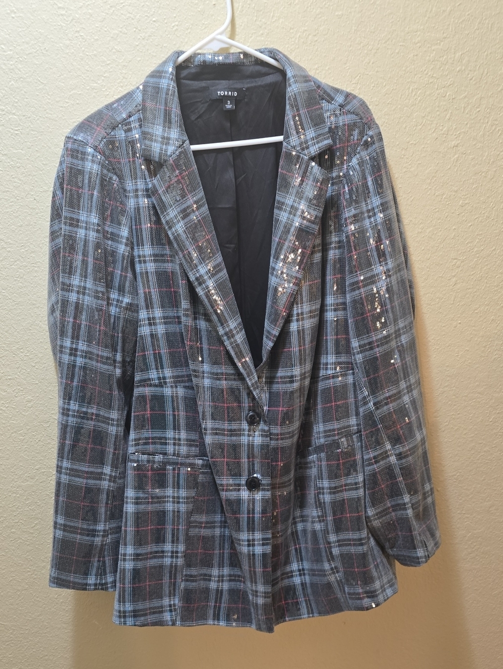 Like New torrid Blue, Gray, and Pink Plaid Sequin Blazer Size 3